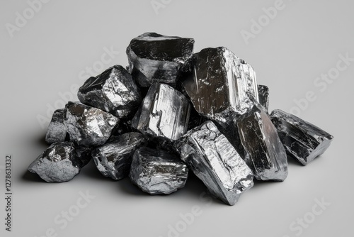 Shiny silver colored rocks are stacked into a small pile
