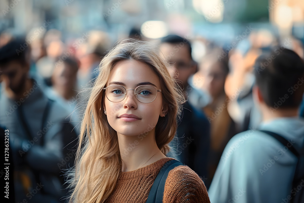 Large group of people standing in the street with focus on woman looking at camera Large group of people standing in the street with focus on woman looking at camera