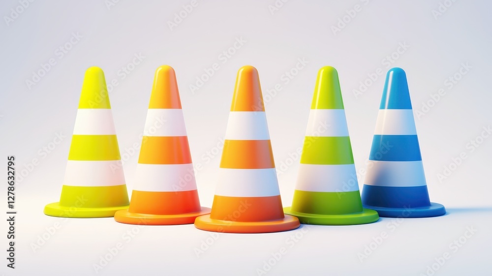 Colorful Traffic Cones Row Bright Striped Safety Cones Roadwork Construction Warning Alert Colorful Traffic Cones Row Bright Striped Safety Cones Roadwork Construction Warning Alert