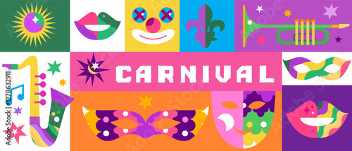 Carnival, masquerade,  colorful curtian holiday music dance party template design Vector banne