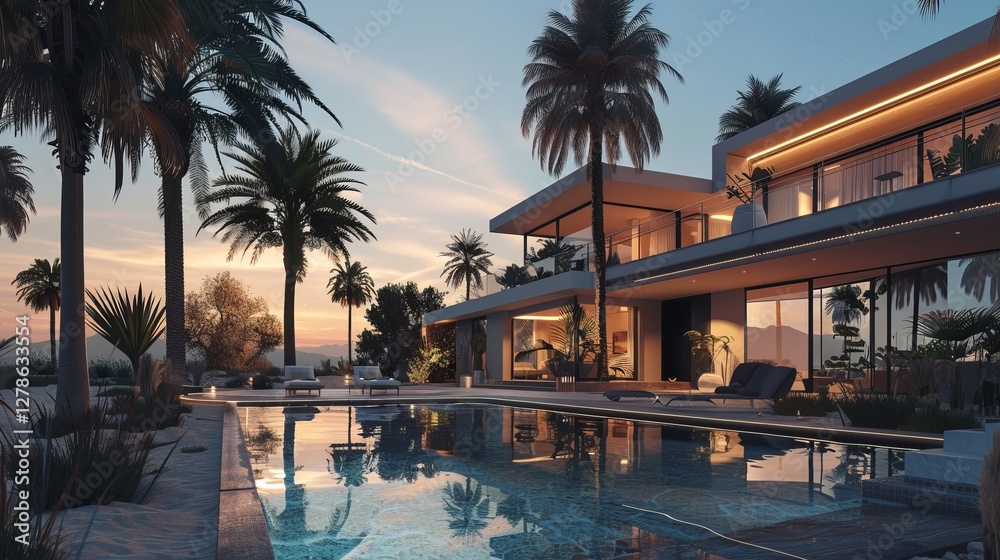 Fototapeta premium Modern luxury villa with a pool surrounded by palm trees at sunset, showcasing tranquil living.