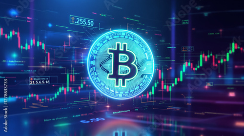 Representação digital de Bitcoin com gráficos financeiros em um ambiente futurista, destacando tecnologia blockchain, criptomoedas e mercado financeiro.