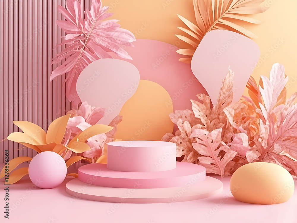 Fototapeta premium Soft pastel decor with shapes and plants. Generative AI