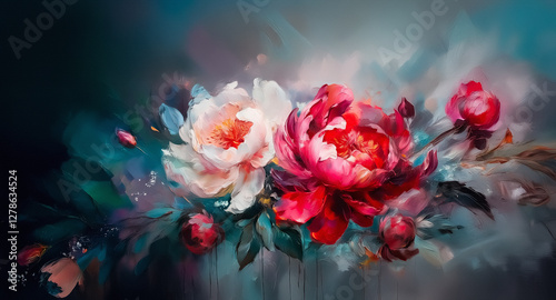 Vibrant floral painting featuring blooming peonies in shades of pink and red with soft brushstrokes against a dark, dreamy background. photo