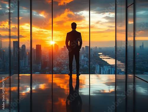 Businessman Contemplation Sunset Cityscape