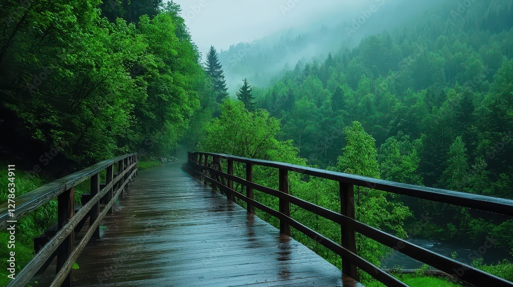 Serene Foggy Forest Path with Lush Green Surroundings and Wooden Bridge Serene Foggy Forest Path with Lush Green Surroundings and Wooden Bridge