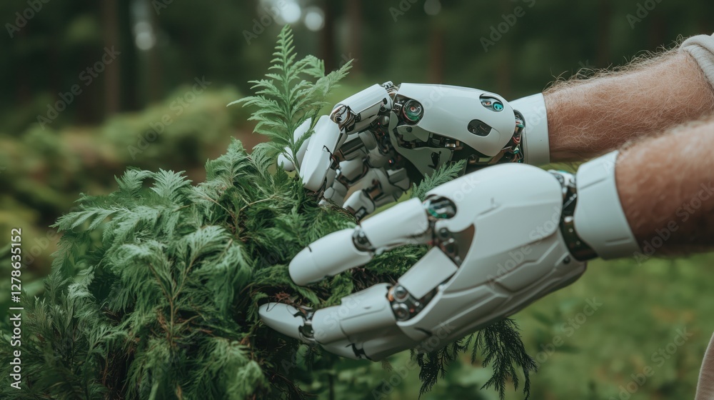 Fototapeta premium Advanced robotic hands gently cultivate vibrant green plants in a lush forest setting amidst natural surroundings
