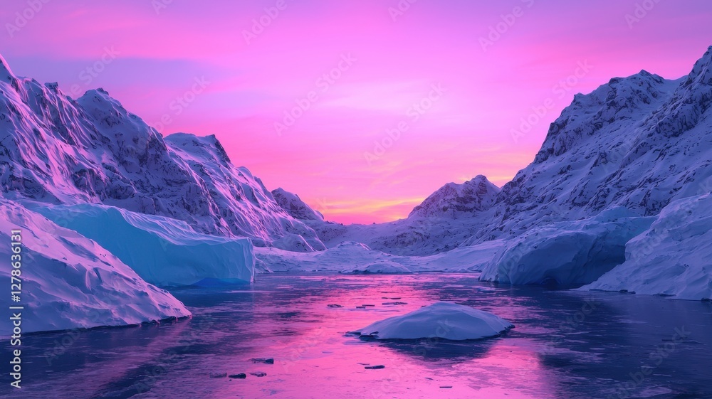 Fototapeta premium Arctic Landscape Stunning Pink Sunset Over Glacial Mountains and Icebergs