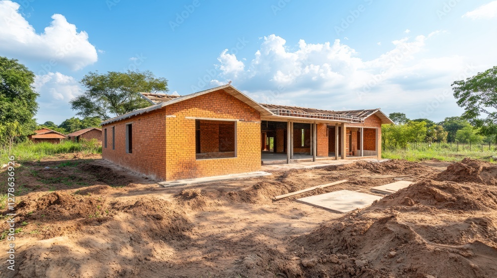 A rural school building under construction with brick walls, open spaces, and a green landscape A rural school building under construction with brick walls, open spaces, and a green landscape