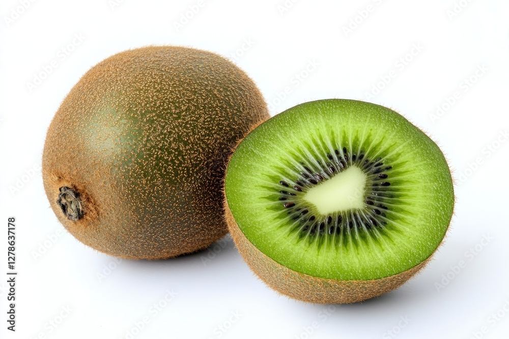 Fototapeta premium A whole kiwi fruit and a sliced kiwi half