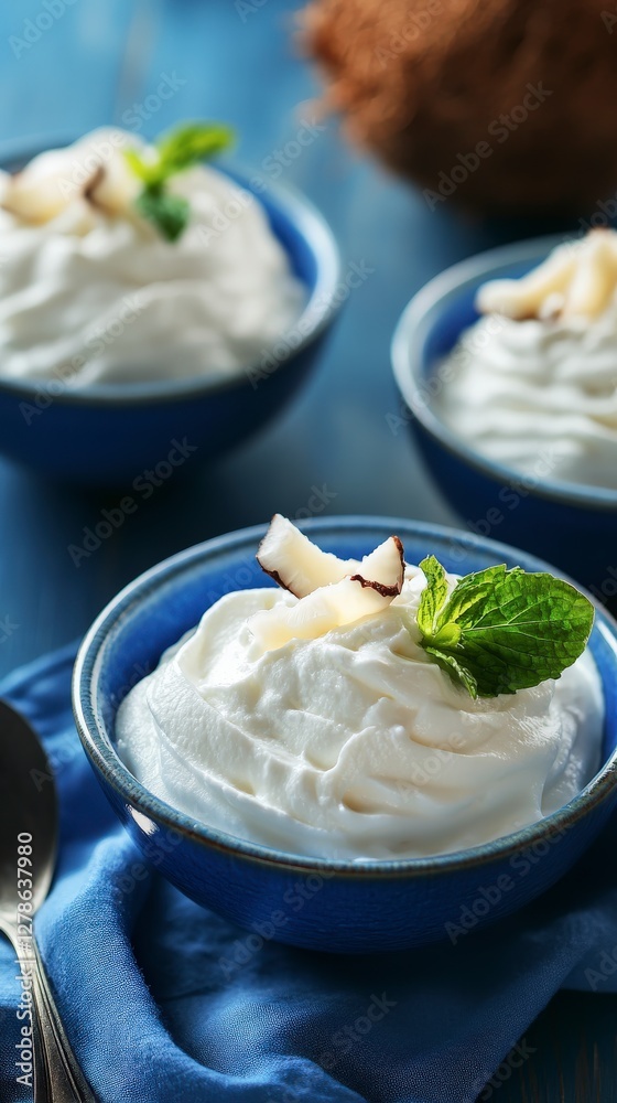 Gourmet Coconut Whipped Cream Dessert with Fresh Mint and Coconut Flakes Gourmet Coconut Whipped Cream Dessert with Fresh Mint and Coconut Flakes