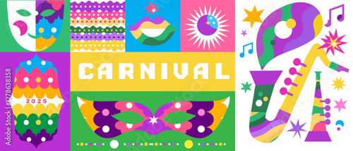 Carnival, masquerade,  colorful curtian holiday music dance party template design Vector banne