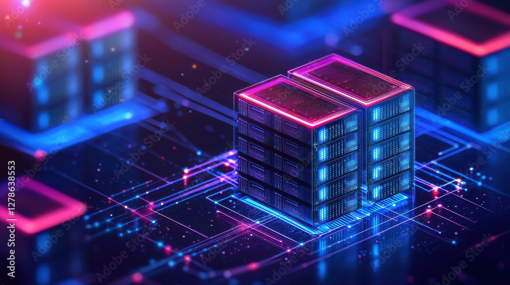 Abstract digital room with AI powered server racks glowing in neon colors Abstract digital room with AI powered server racks glowing in neon colors