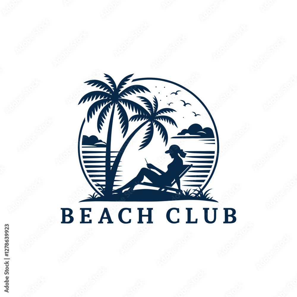Naklejka premium sun beach club,summer silhouette logo vector line art logo design