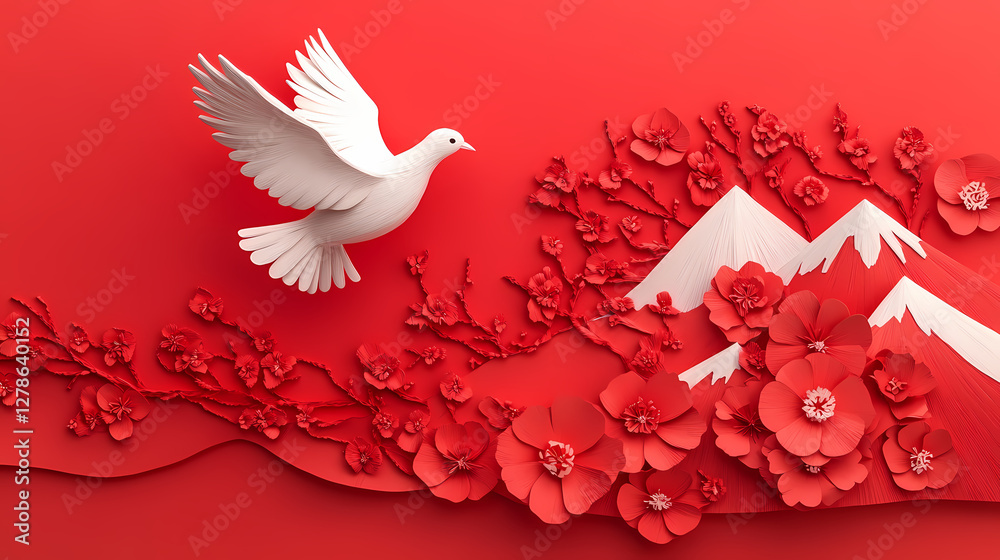 Serene Dove and Blossoms: A delicate white dove soars gracefully amidst a vibrant display of paper-cut blossoms and mountains, creating a sense of peace and beauty. Serene Dove and Blossoms: A delicate white dove soars gracefully amidst a vibrant display of paper-cut blossoms and mountains, creating a sense of peace and beauty.