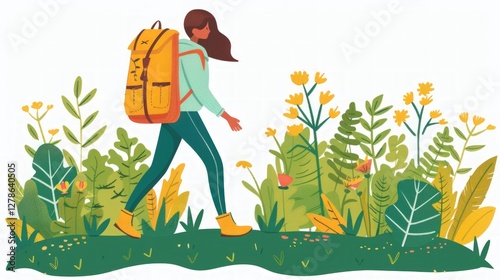 A Woman Hiker's Journey Through Lush GreeneryAn illustration of a female hiker walking through a vibrant landscape filled with diverse flora and fauna