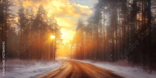 Winter Sunrise Forest Road ...