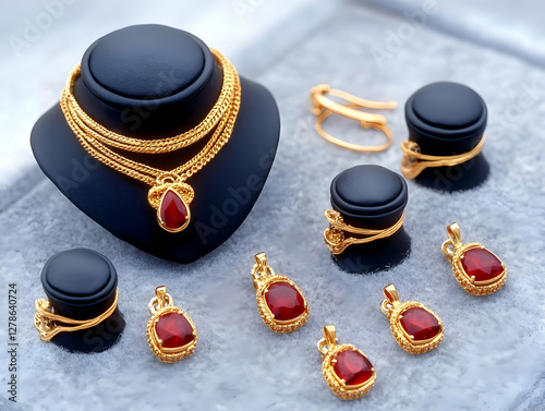 Gold Jewelry with Red Gemst...
