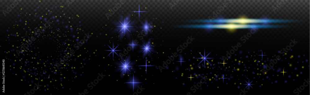 Obraz premium Light effect: isolated flare, tire explosion, dust line, sun flare, star spark, sunlight, vector set.
