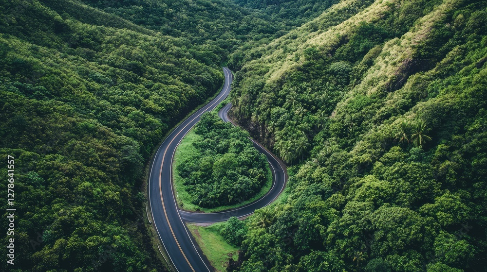 Aerial view of a winding road cutting through lush green mountains, scenic travel concept with copy space. Aerial view of a winding road cutting through lush green mountains, scenic travel concept with copy space.