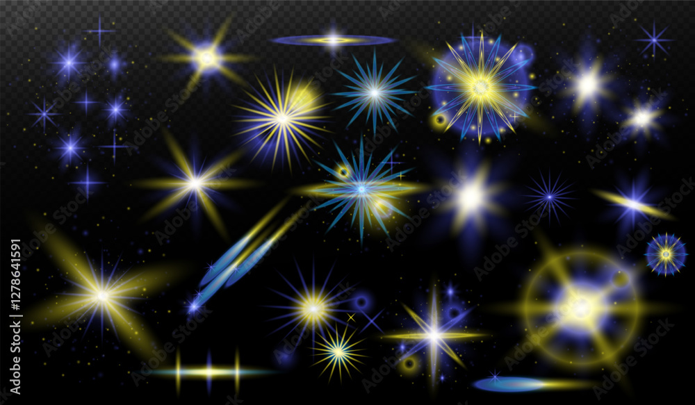 Light effect: isolated flare, tire explosion, dust line, sun flare, star spark, sunlight, vector set. Light effect: isolated flare, tire explosion, dust line, sun flare, star spark, sunlight, vector set.