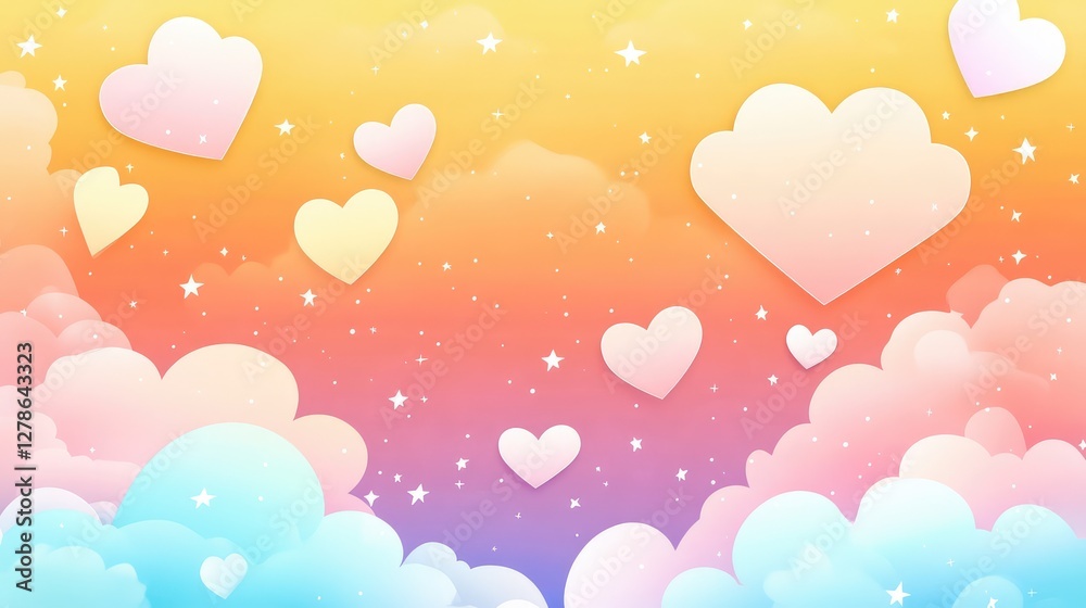 A bright pastel sky with heart-shaped clouds, dreamy and romantic cute background with copy space. A bright pastel sky with heart-shaped clouds, dreamy and romantic cute background with copy space.