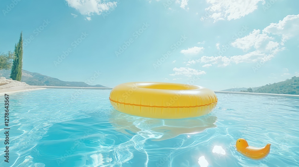 A bright yellow inflatable pool float drifting in a crystal-clear swimming pool, vibrant summer vacation background with copy space. A bright yellow inflatable pool float drifting in a crystal-clear swimming pool, vibrant summer vacation background with copy space.
