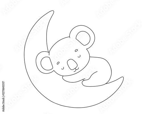 Baby koala sleep on moon, vector line illustration for coloring book, Outline animal, drawing