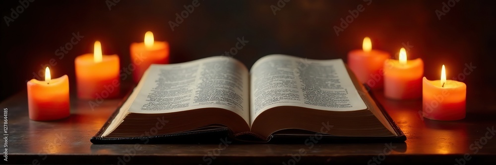 Open Bible on a pedestal with candles surrounding it, bible, classic Open Bible on a pedestal with candles surrounding it, bible, classic