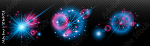 Light effect: isolated flare, tire explosion, dust line, sun flare, star spark, sunlight, vector set.