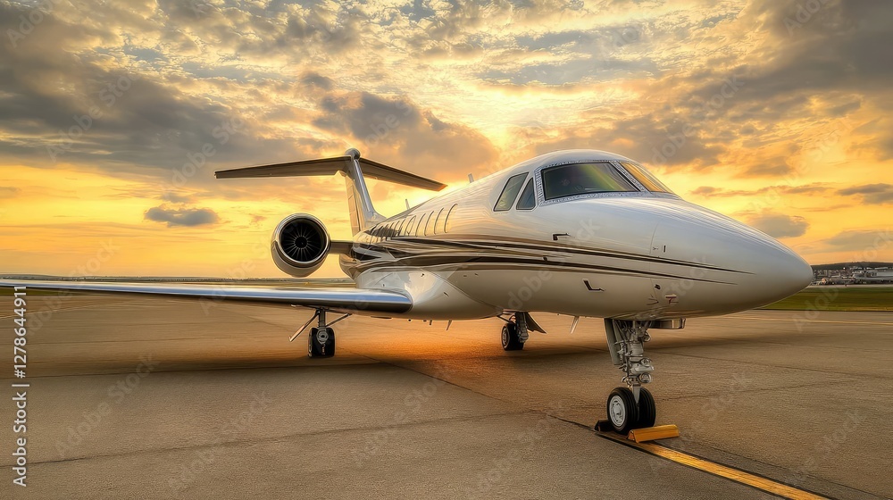 A corporate jet parked on the runway with golden sunset light, luxury business travel theme with copy space. A corporate jet parked on the runway with golden sunset light, luxury business travel theme with copy space.