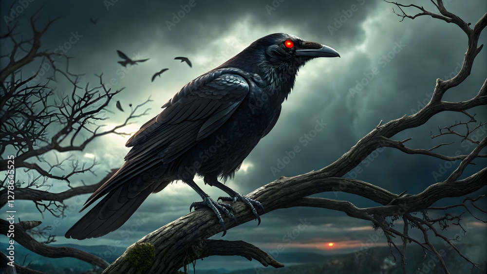 Fototapeta premium Black crow with glowing red eyes dark gothic stic