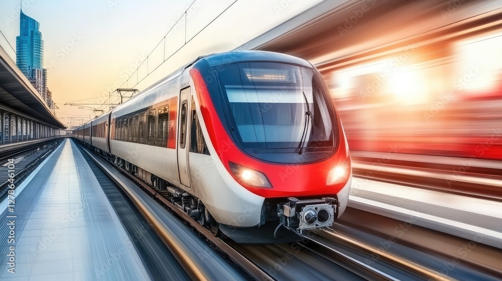 Fototapeta premium A fast-moving subway train arriving at a sleek modern platform, dynamic city business travel theme with copy space.