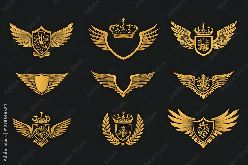 Fototapeta premium Gold Winged Shields and Crowns 3D Illustration