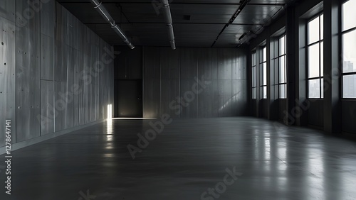 stock photo features a minimalist, industrial-style room with sleek, gray metal walls and floors,