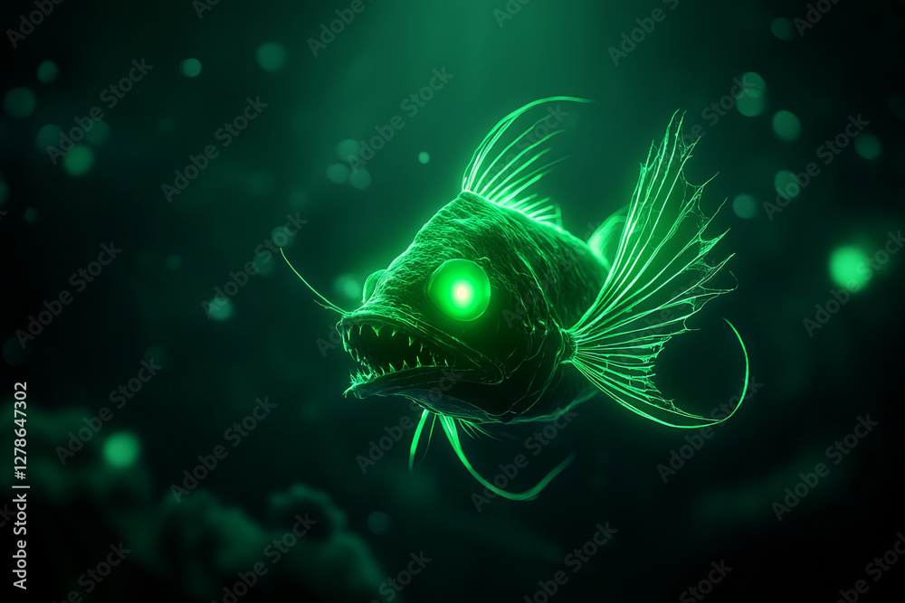 Glowing anglerfish in dark ocean depths, showcasing mutations from pollution Glowing anglerfish in dark ocean depths, showcasing mutations from pollution
