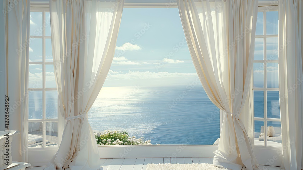 half open window, white curtains, view of a beautiful oceanscape, travel magazine photography