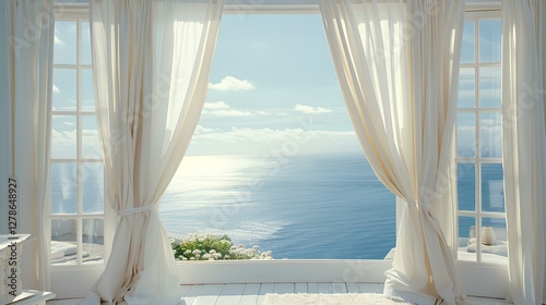 Obraz na płótnie half open window, white curtains, view of a beautiful oceanscape, travel magazine photography w salonie