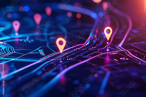 Glowing digital roadmap with location markers and vibrant colors, showcasing modern navigation technology