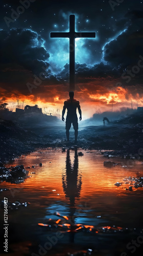 Silhouette Man Cross Night ...