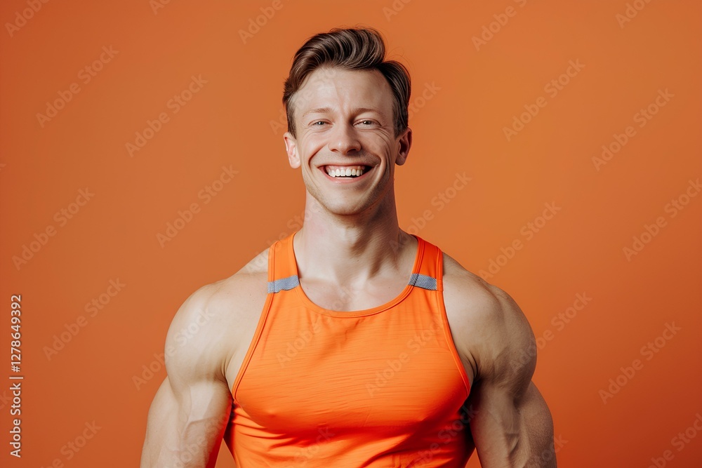 happy smiling fit athlet man, isolated on orange background happy smiling fit athlet man, isolated on orange background