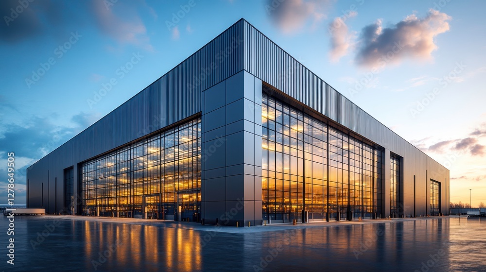 A modern, angular building featuring large glass windows and a reflective surface, illuminated by a vibrant sunset. A modern, angular building featuring large glass windows and a reflective surface, illuminated by a vibrant sunset.
