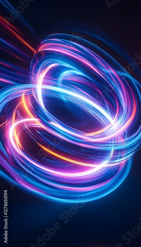 Abstract swirl of vibrant glowing light trails on dark background