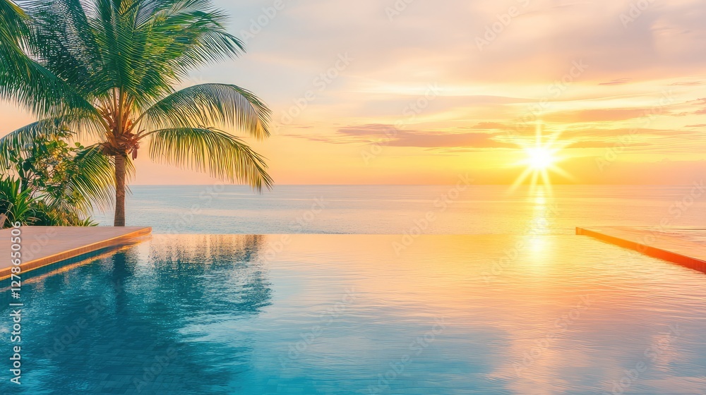 Fototapeta premium A luxurious infinity pool overlooking the ocean, reflecting the golden hues of a tropical sunset, serene summer vacation background with copy space.