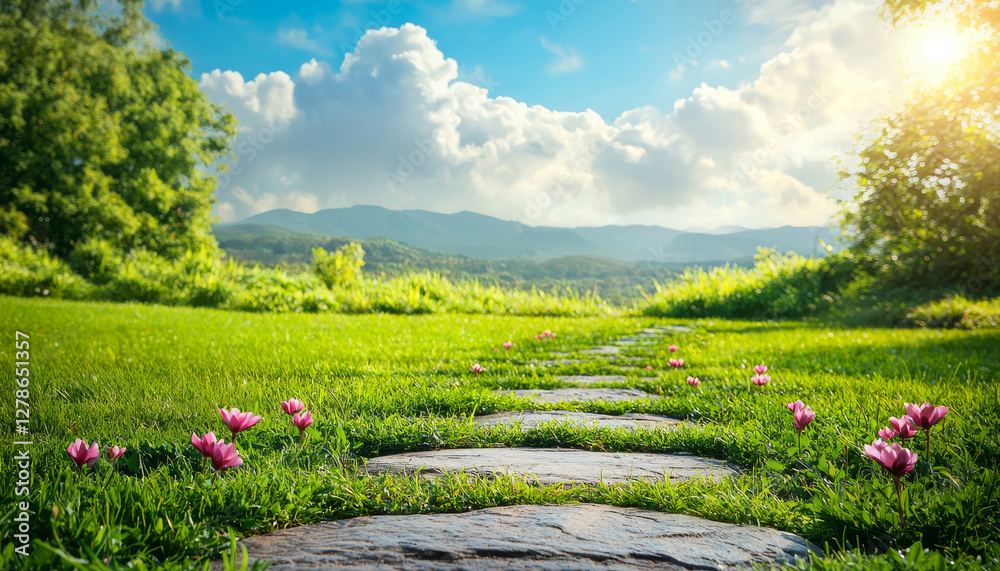 Obraz premium serene pathway lined with flowers leads through lush green landscape under bright sky