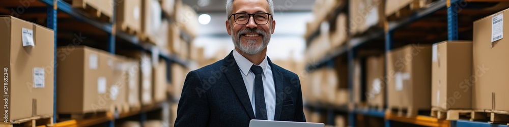 A man in a suit is smiling and holding a box. He is standing in a warehouse. The warehouse is filled with boxes and shelves A man in a suit is smiling and holding a box. He is standing in a warehouse. The warehouse is filled with boxes and shelves
