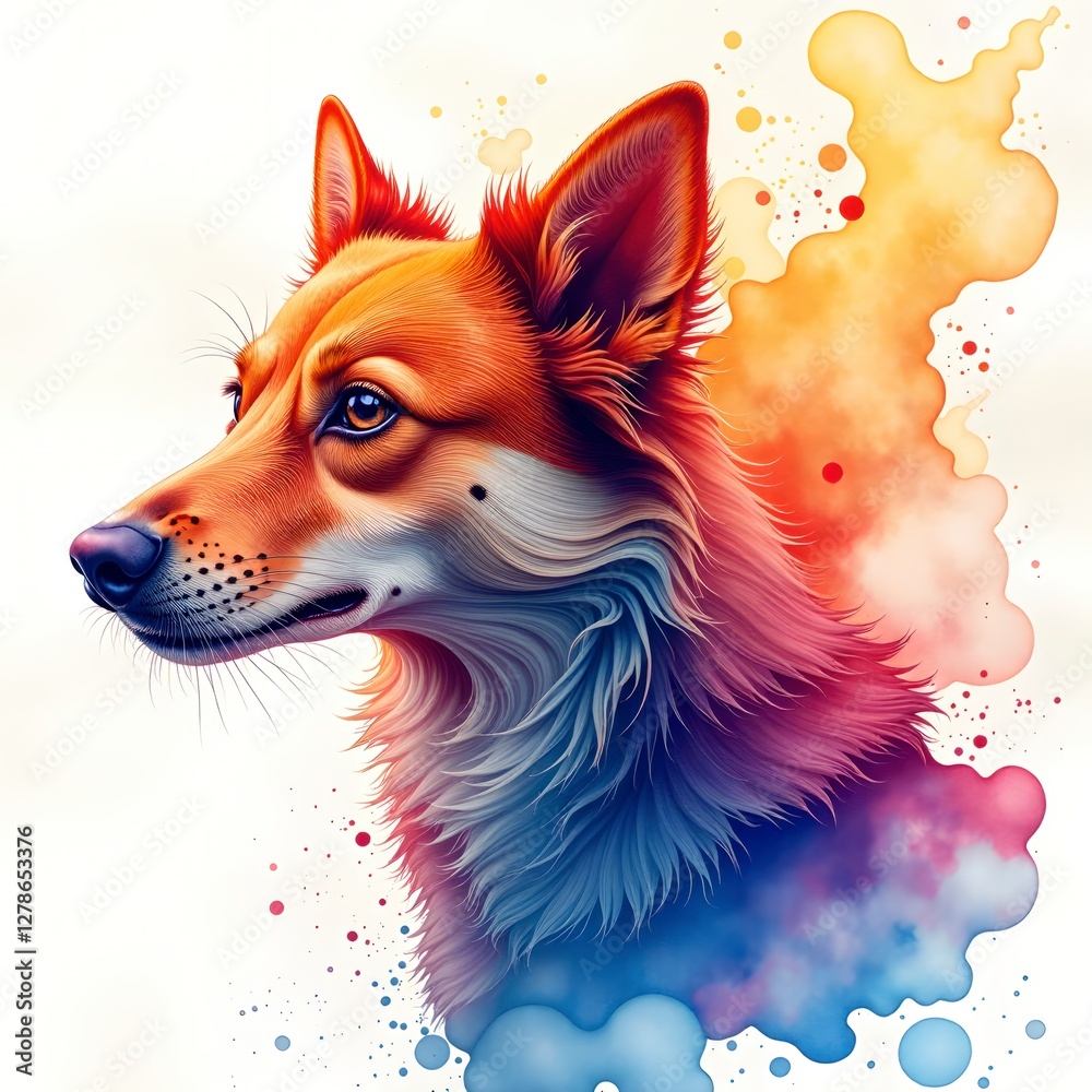 Naklejka premium Red dog or fox painted in watercolor technique