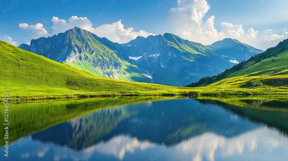 A scenic mountain lake reflecting the surrounding greenery and blue sky, peaceful summer retreat background with copy space. A scenic mountain lake reflecting the surrounding greenery and blue sky, peaceful summer retreat background with copy space.