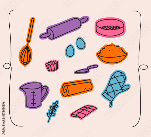 Baking equipments, hand drawn vector stickers. Doodle illustration with dough, eggs, rolling pin, flour, ingredients tools cooking baked goods. Design concept for bakery, chef, menu, cafe, sign