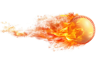 Burning baseball ball flying with flames isolated on white and transparent background, cut out png